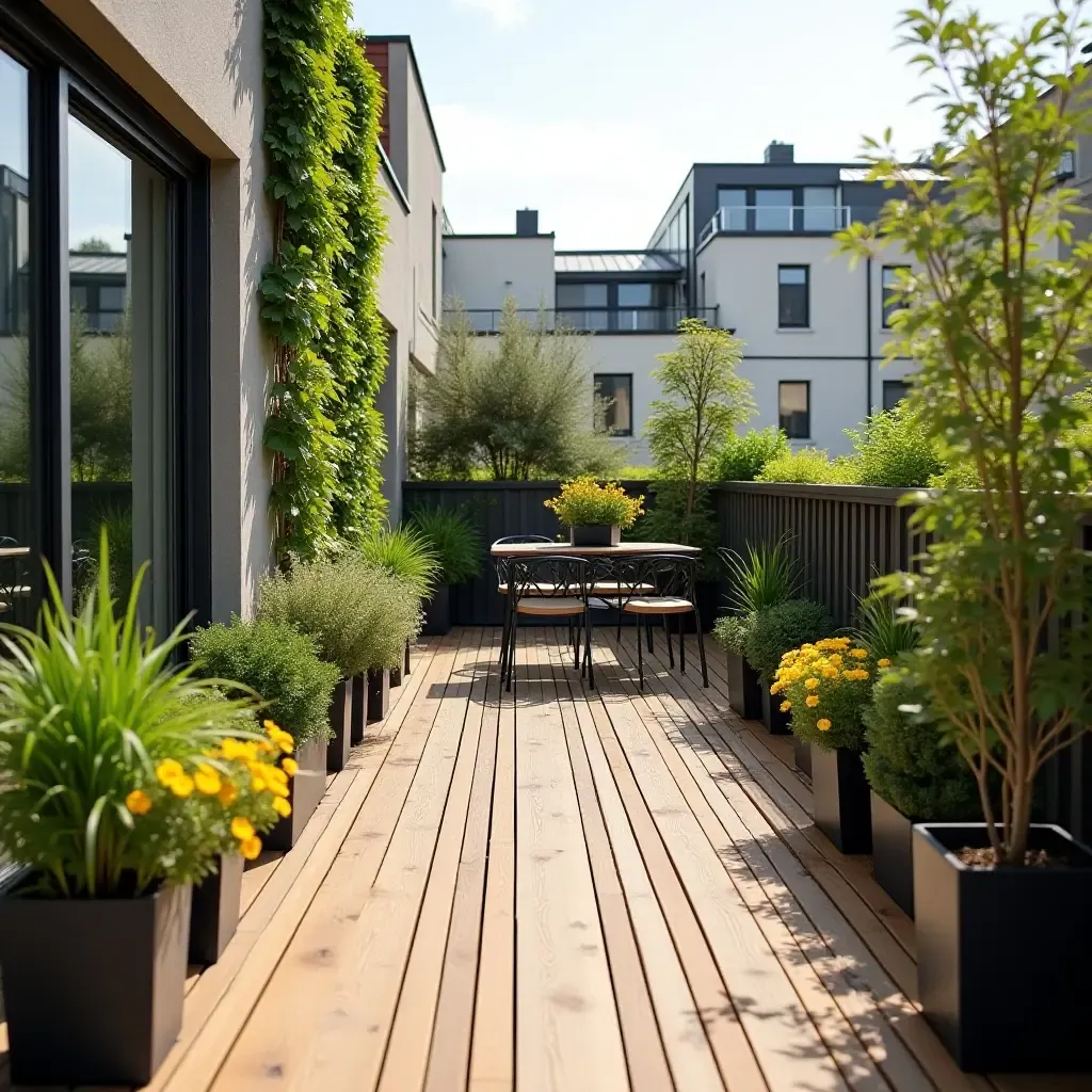 a photo of a balcony with a wooden deck and potted plants