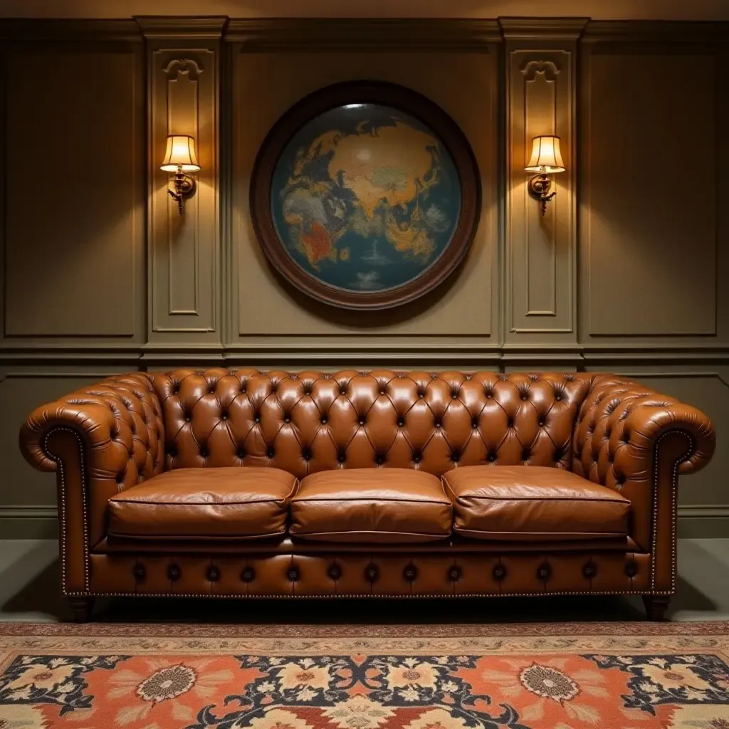 a photo of a vintage leather sofa in a cozy basement