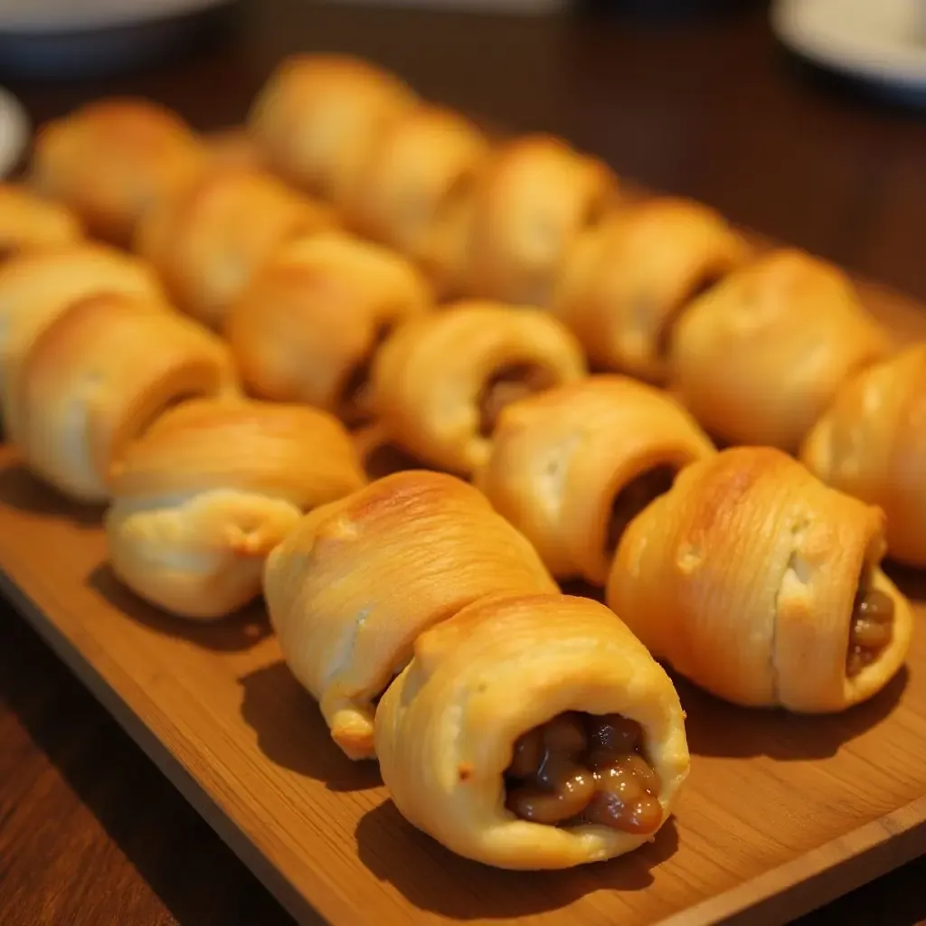 a photo of banh pia pastries with flaky crusts and rich mung bean filling, served on a wooden tray.