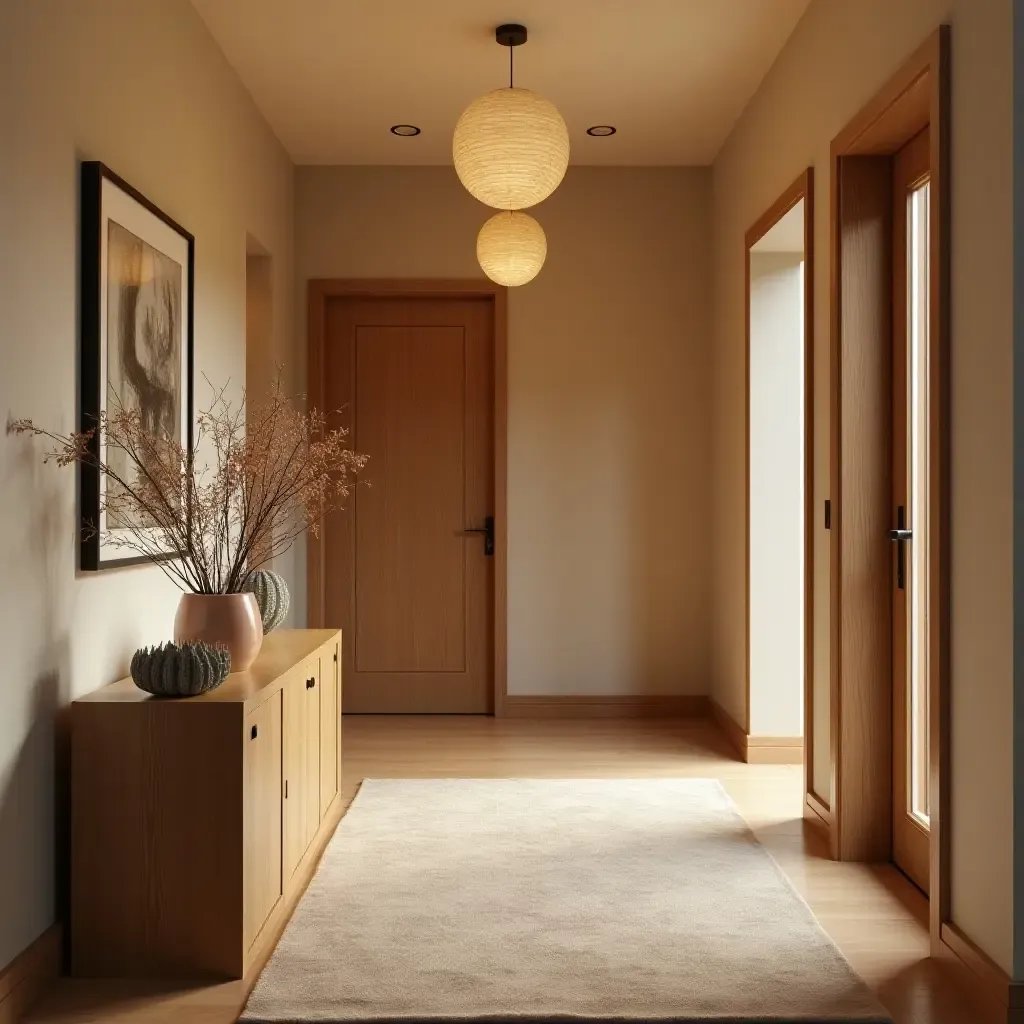 a photo of a warm entryway with inviting decor and soft lighting