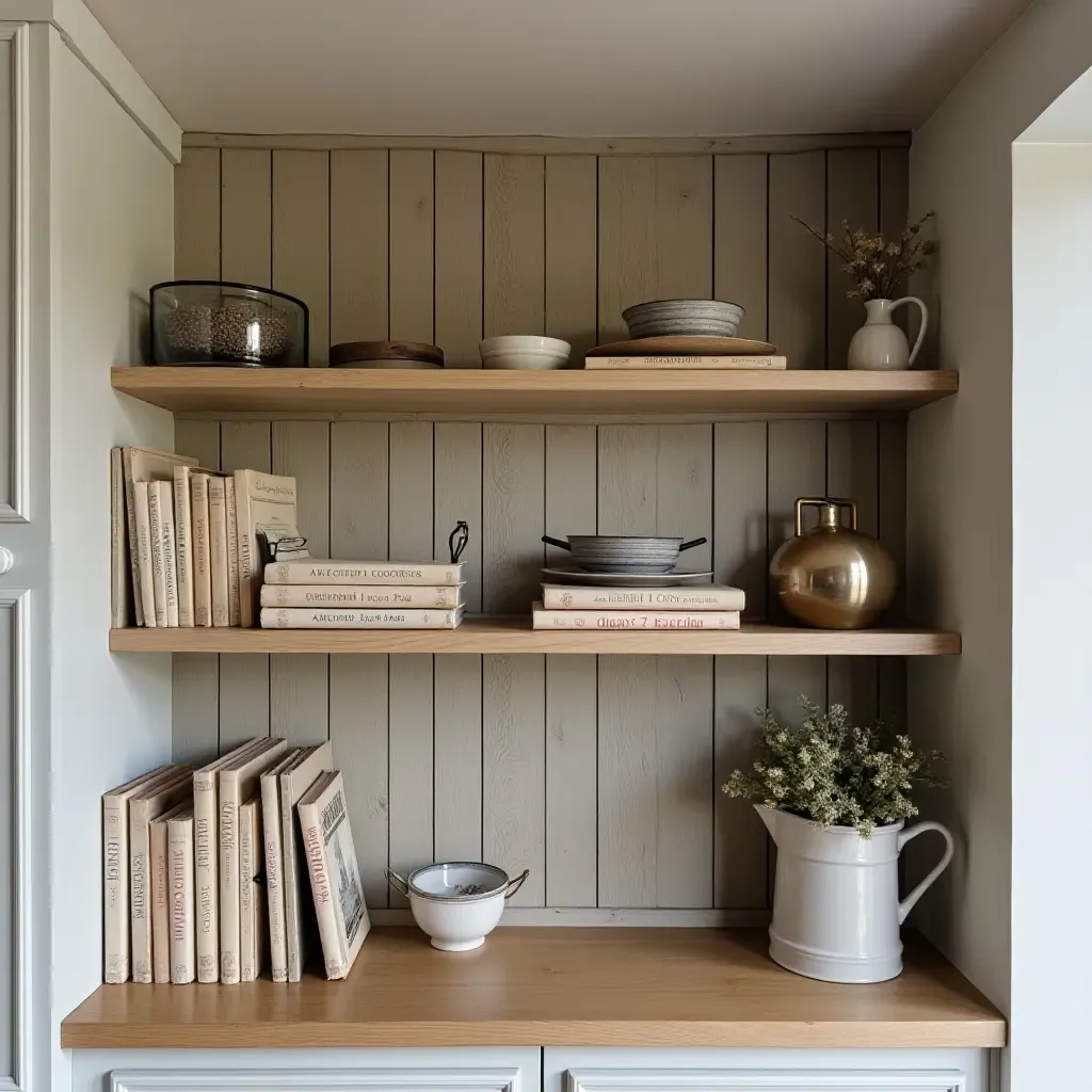 a photo of a farmhouse-style shelf displaying vintage cookbooks