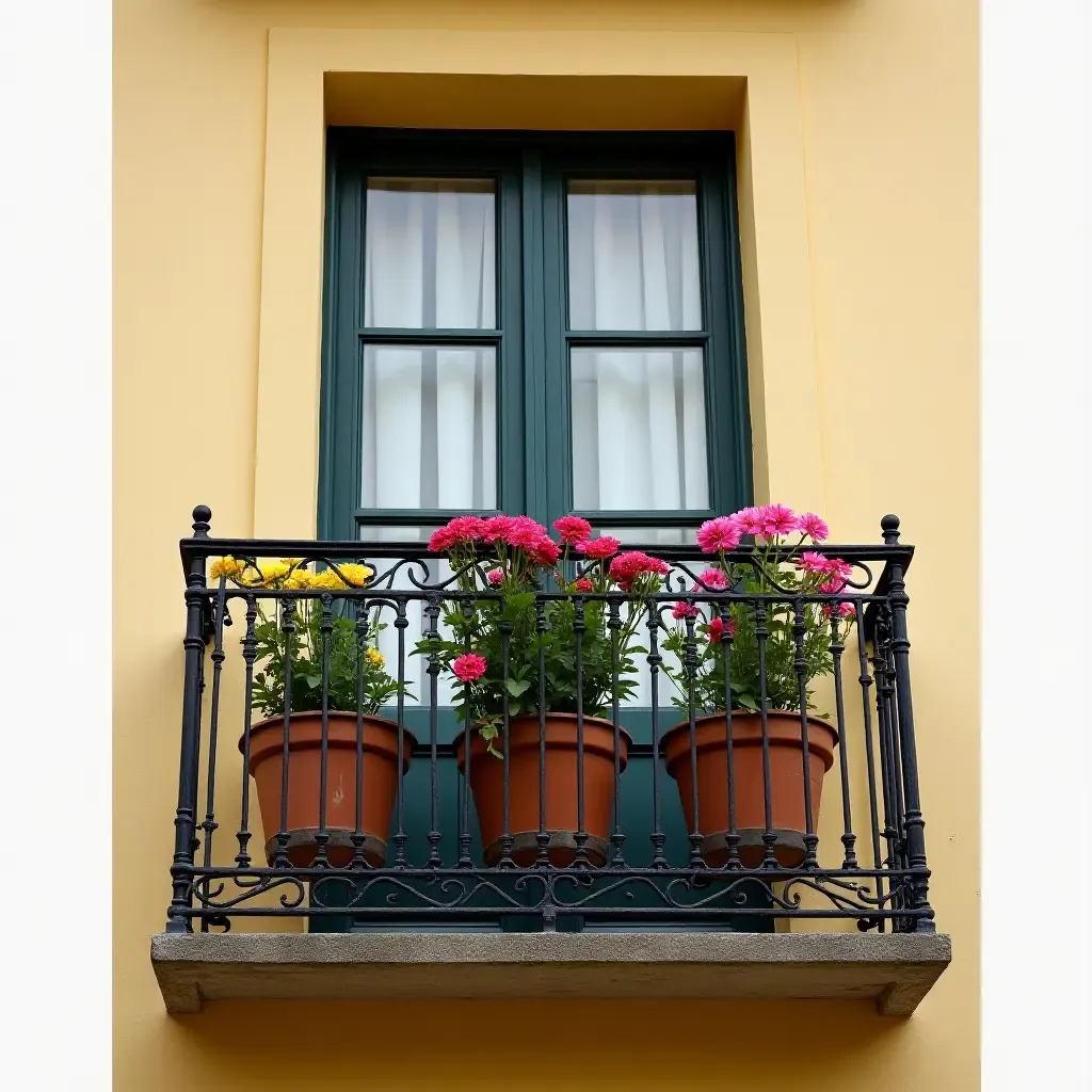 a photo of a vintage wrought iron balcony railing adorned with potted flowers