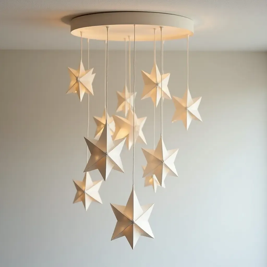 a photo of a whimsical ceiling mobile made from paper stars