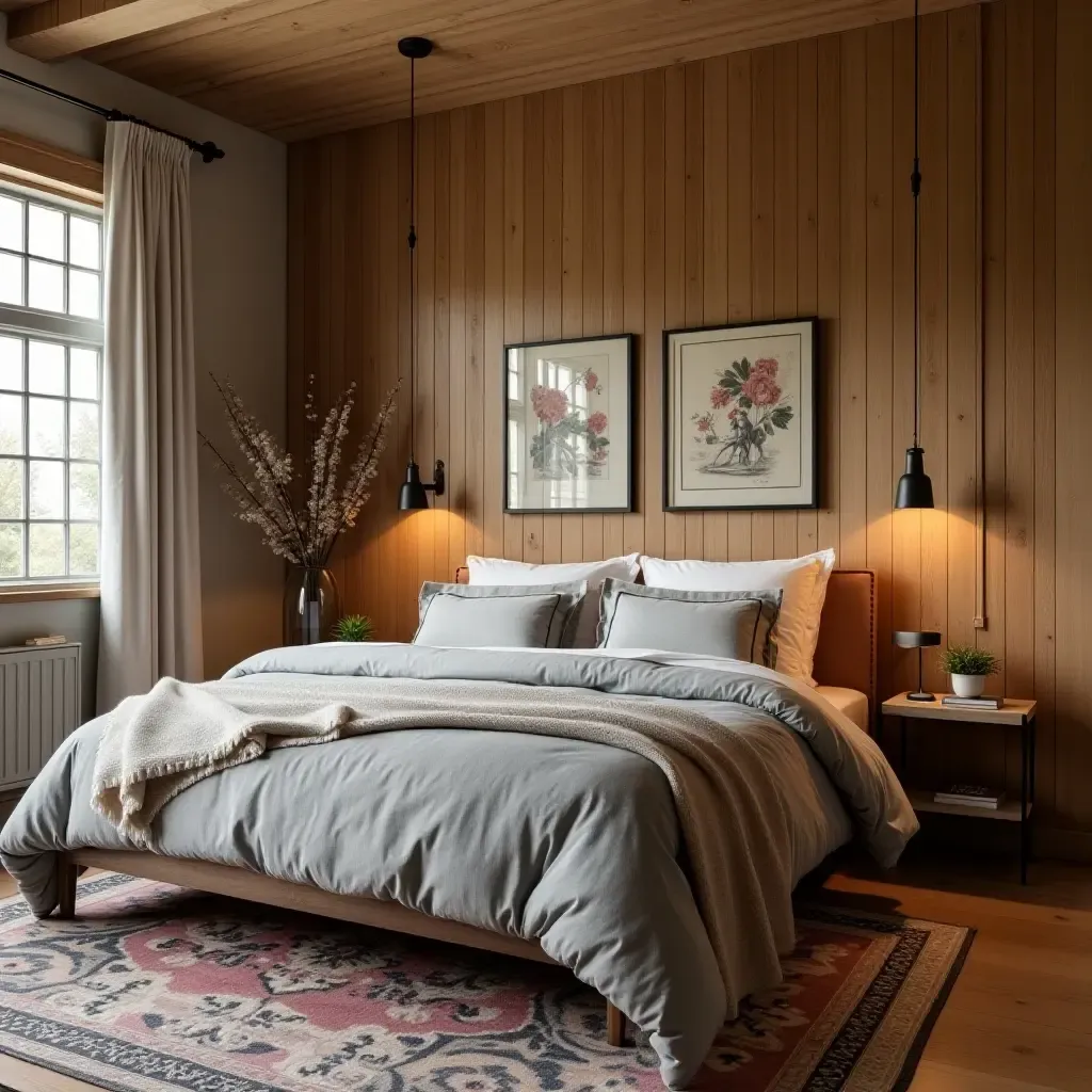 a photo of a charming bedroom with a wooden accent wall and vintage decor