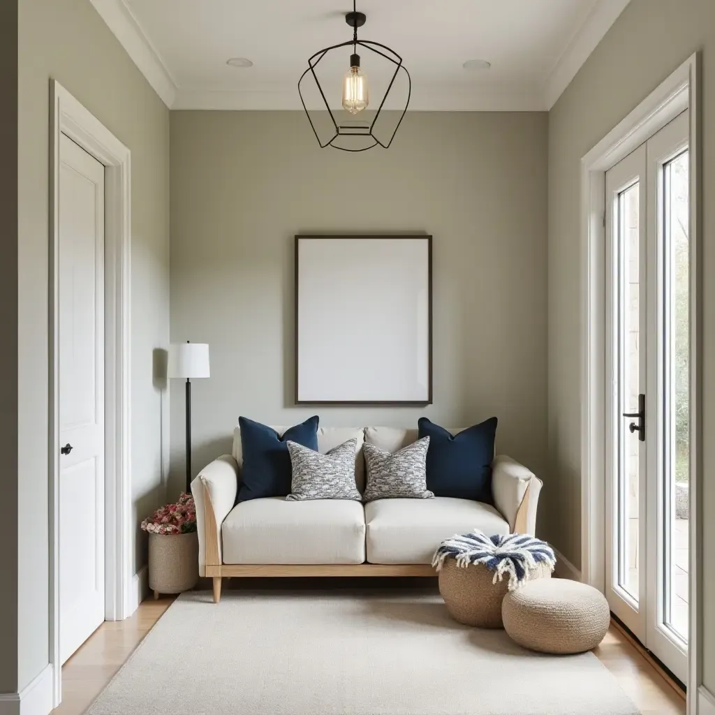 a photo of a stylish entrance hall with a small sofa and decorative cushions