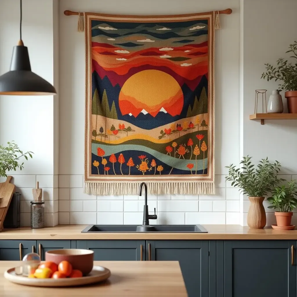 a photo of a handmade tapestry hanging in a cozy kitchen