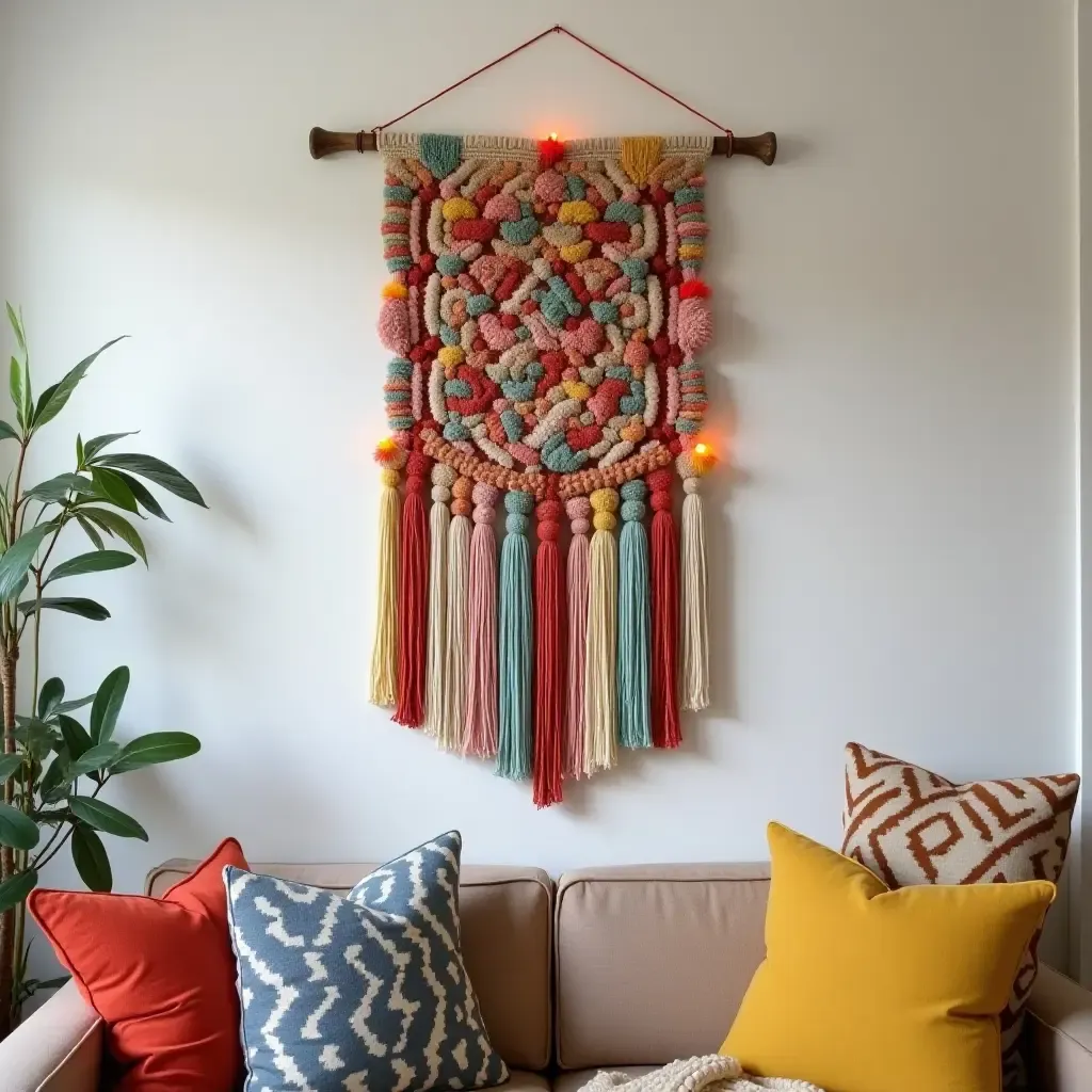 a photo of a colorful macrame wall hanging in a cozy living room