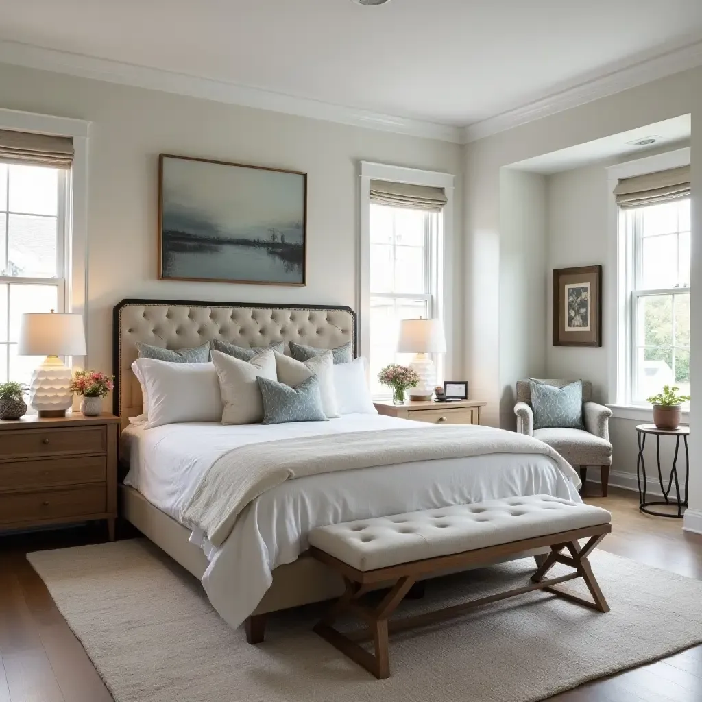 a photo of a trendy bedroom featuring a blend of modern design and farmhouse style