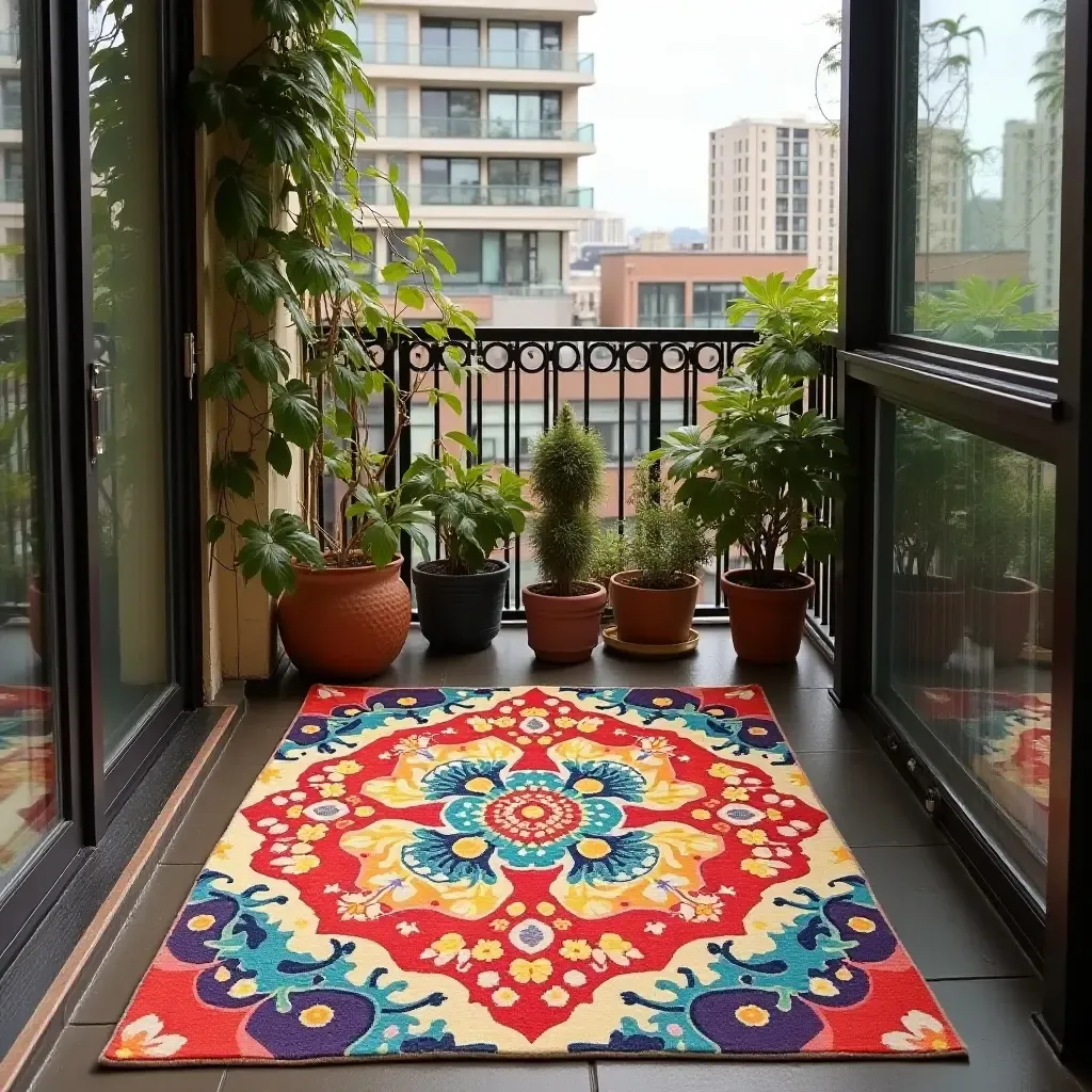 a photo of a hand-painted rug on a creative, artistic balcony