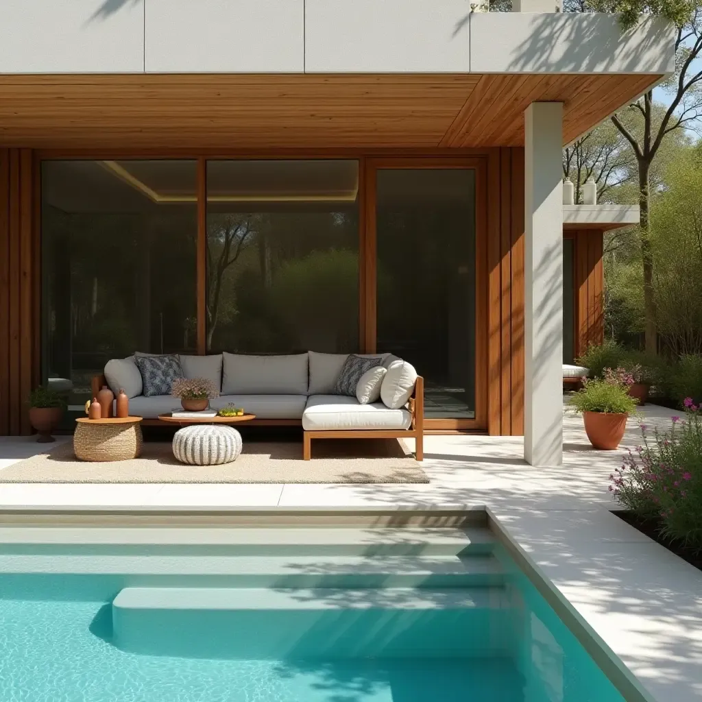 a photo of a stylish poolside retreat with wooden accents and cozy seating arrangements