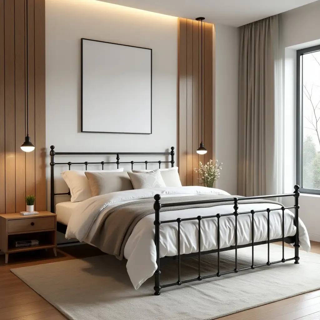 a photo of a bedroom with a metal bed frame and wooden accents