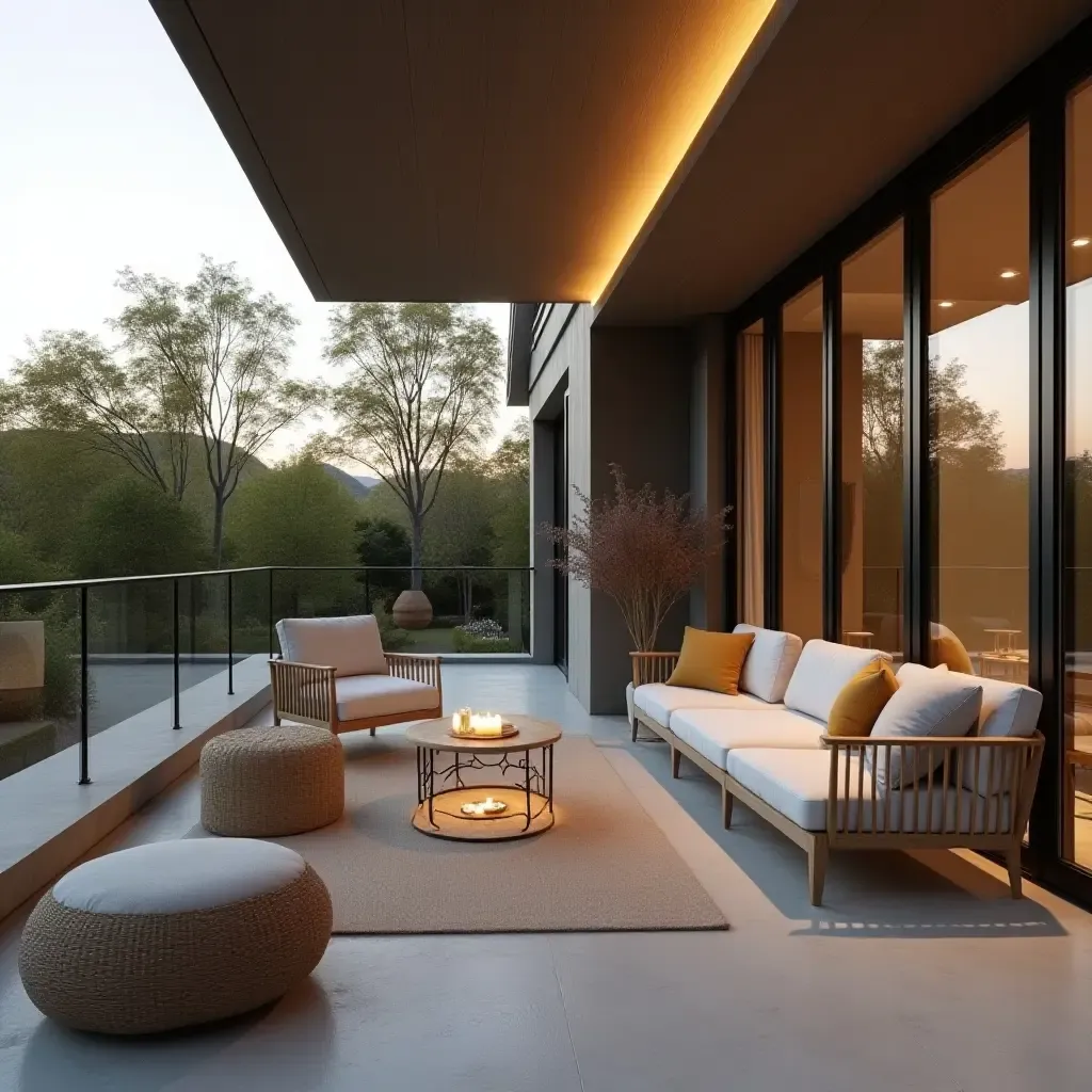 a photo of an elegant balcony featuring Scandinavian design, with soft lighting and natural elements