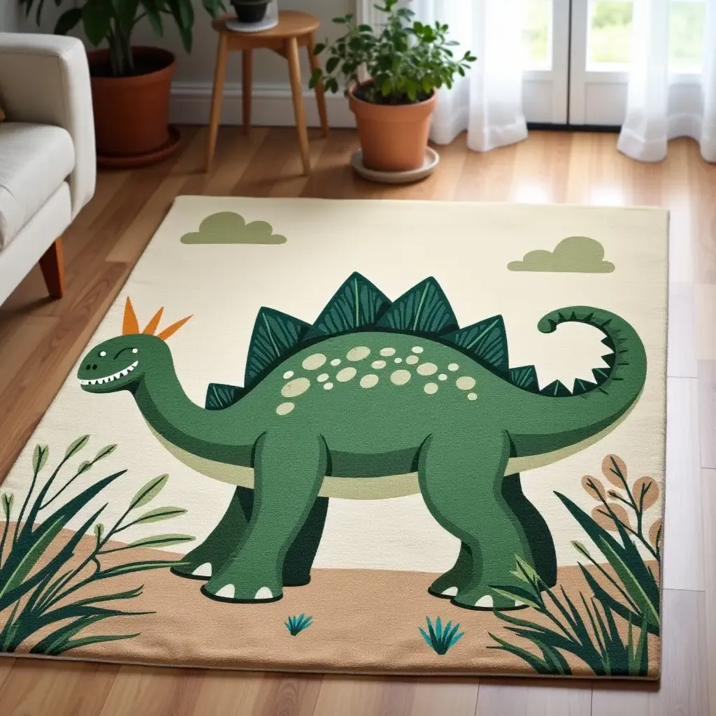 a photo of a rug with a giant dinosaur print for adventurous kids