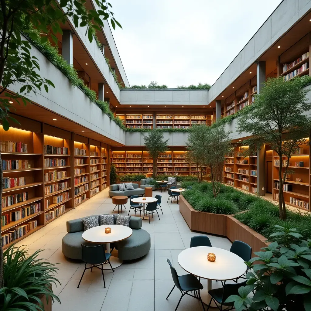 a photo of a library with a rooftop garden and outdoor reading areas