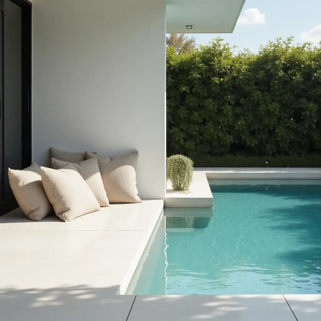 a photo of minimalist throw pillows complementing a sleek pool area