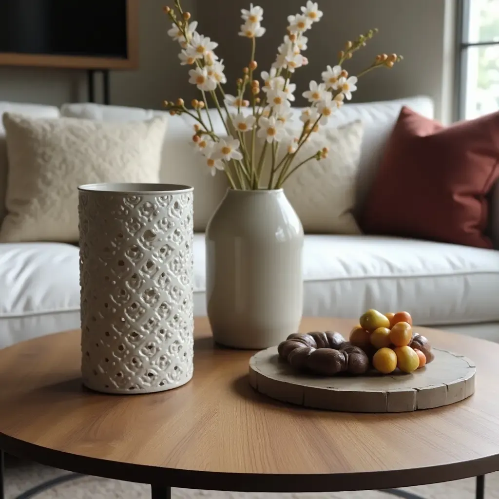 a photo of a sophisticated coffee table arrangement with a mix of textures and colors