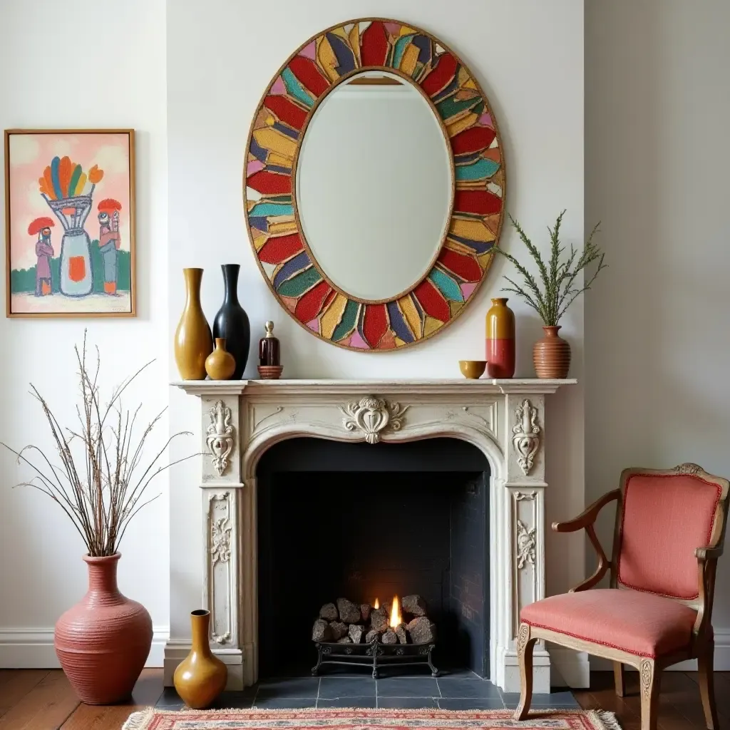 a photo of a colorful mantel adorned with a mosaic mirror and art pieces