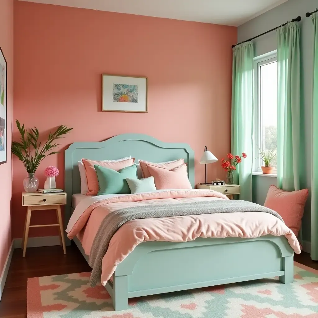 a photo of a playful coral and mint green bedroom featuring whimsical accessories