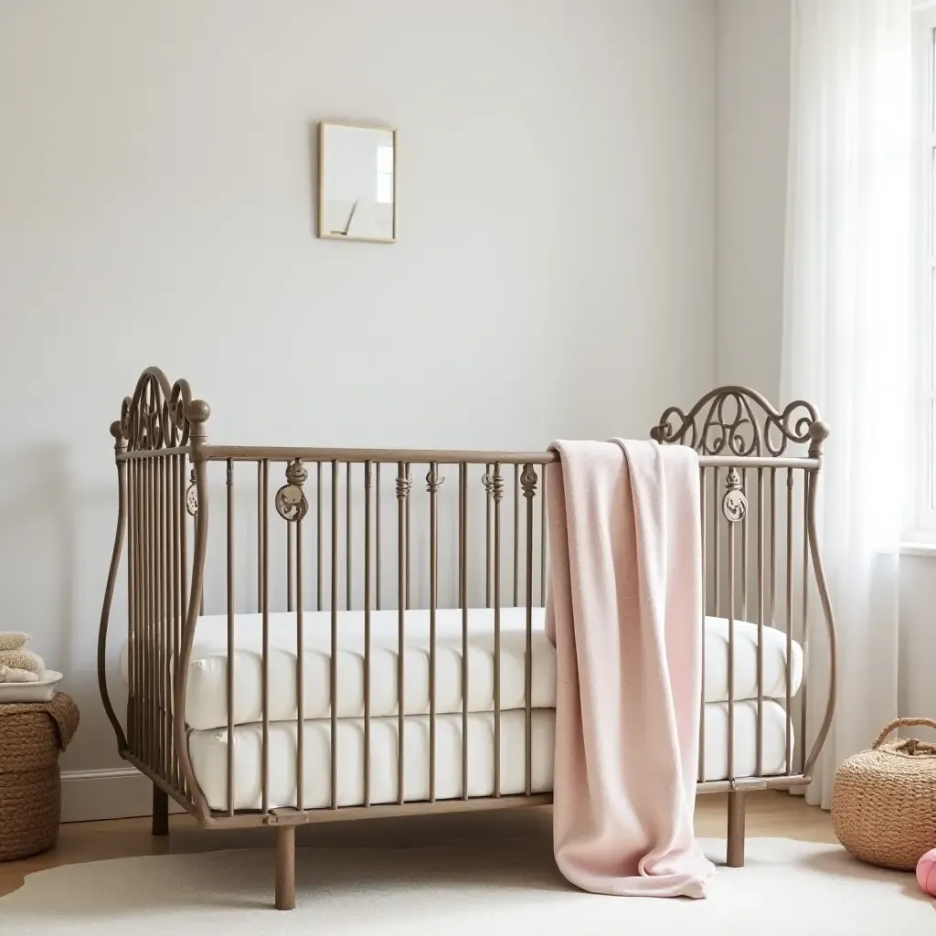 a photo of a nursery showcasing a charming crib with wrought iron details