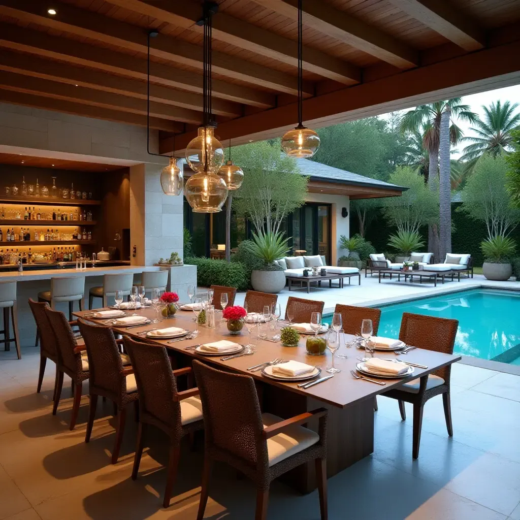 a photo of an elegant outdoor dining setup with a bar overlooking the pool