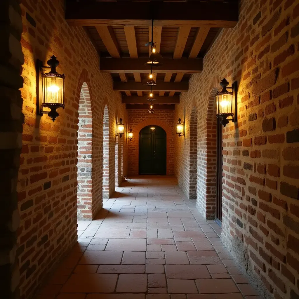 a photo of a rustic corridor with exposed brick and vintage lighting