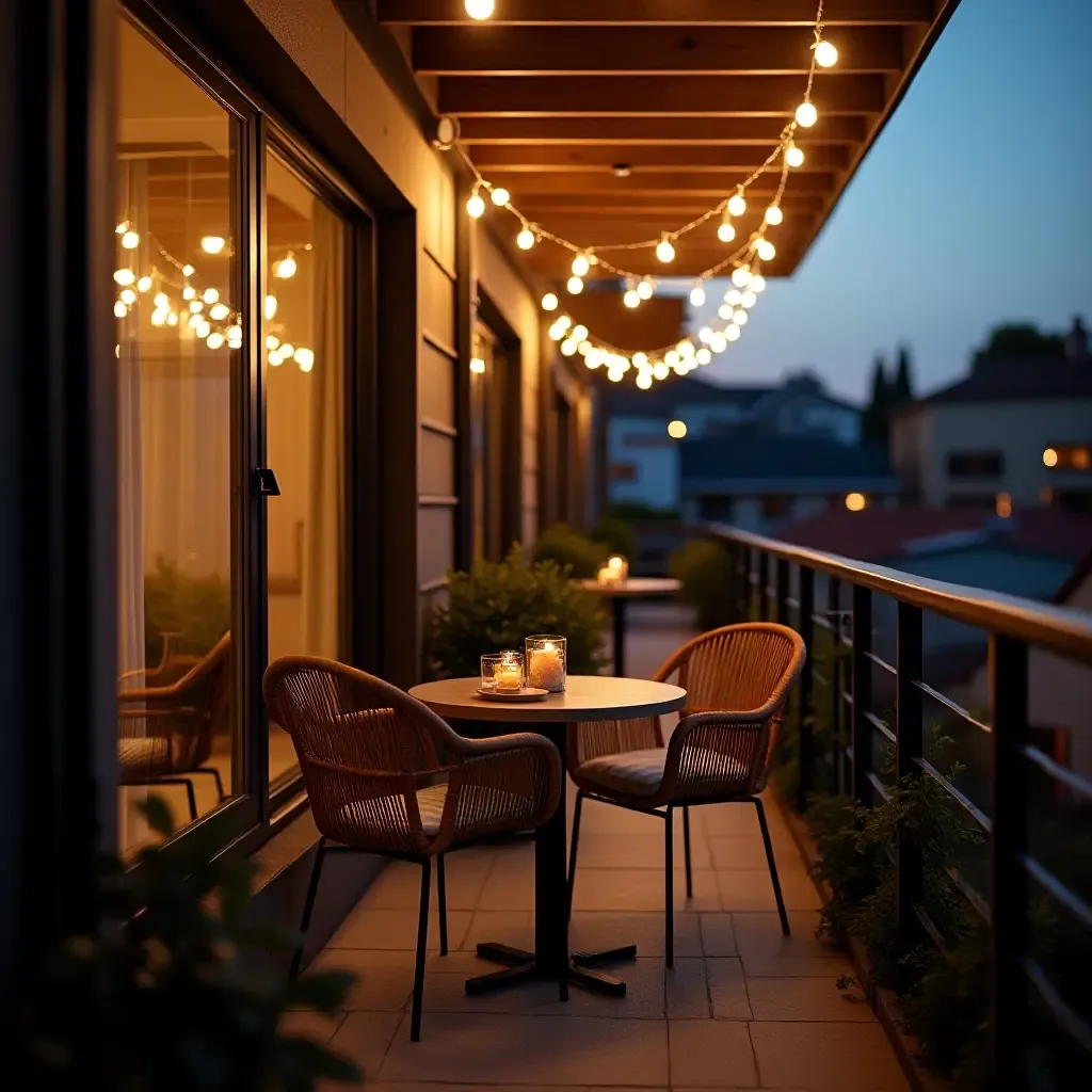 a photo of a stylish balcony with a small dining table and fairy lights