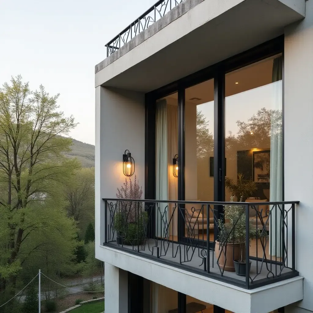 a photo of a modern balcony decorated with metallic sculptures