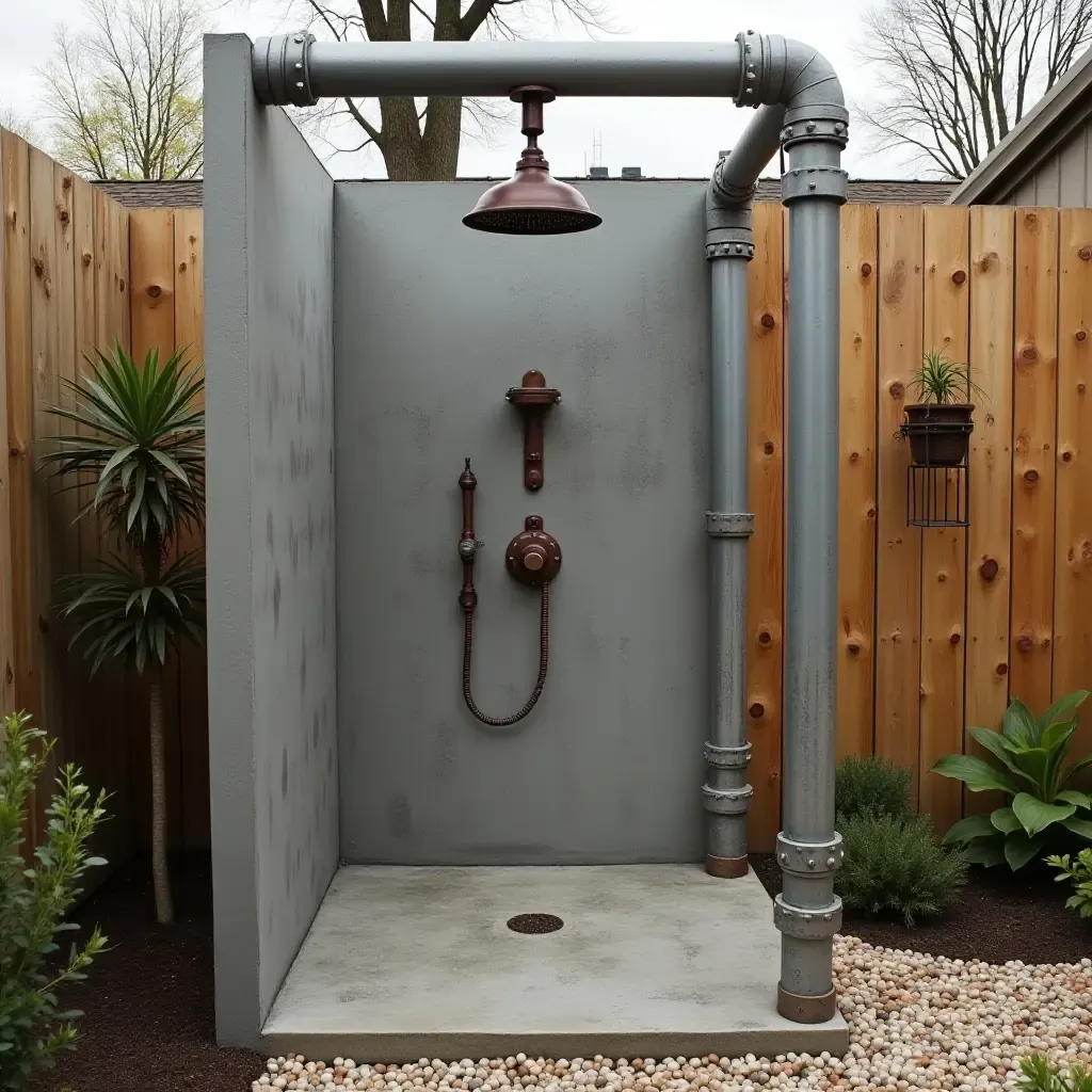 a photo of an outdoor shower made from industrial pipes