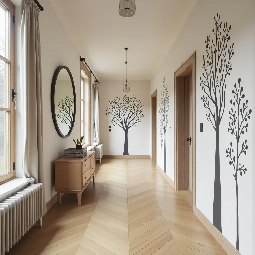 a photo of a stylish corridor with artistic wall decals