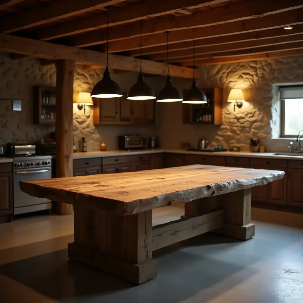 a photo of a rustic wooden dining table in a basement setting