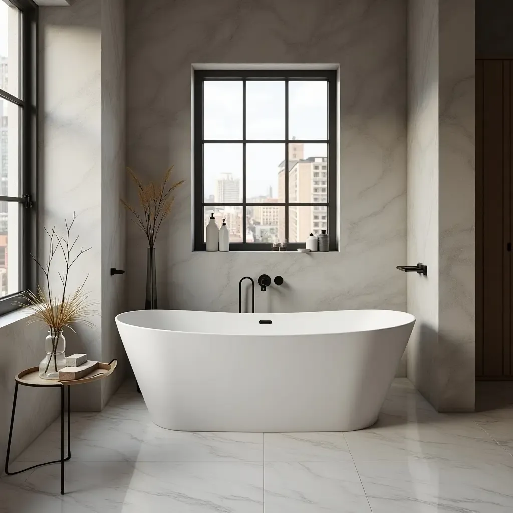 a photo of a freestanding tub in a chic urban loft bathroom