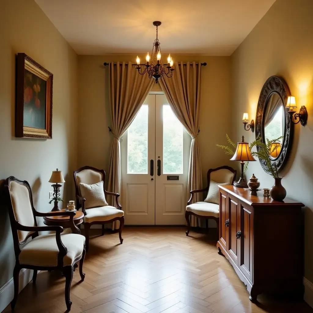 a photo of a charming entrance hall with vintage furniture and warm lighting