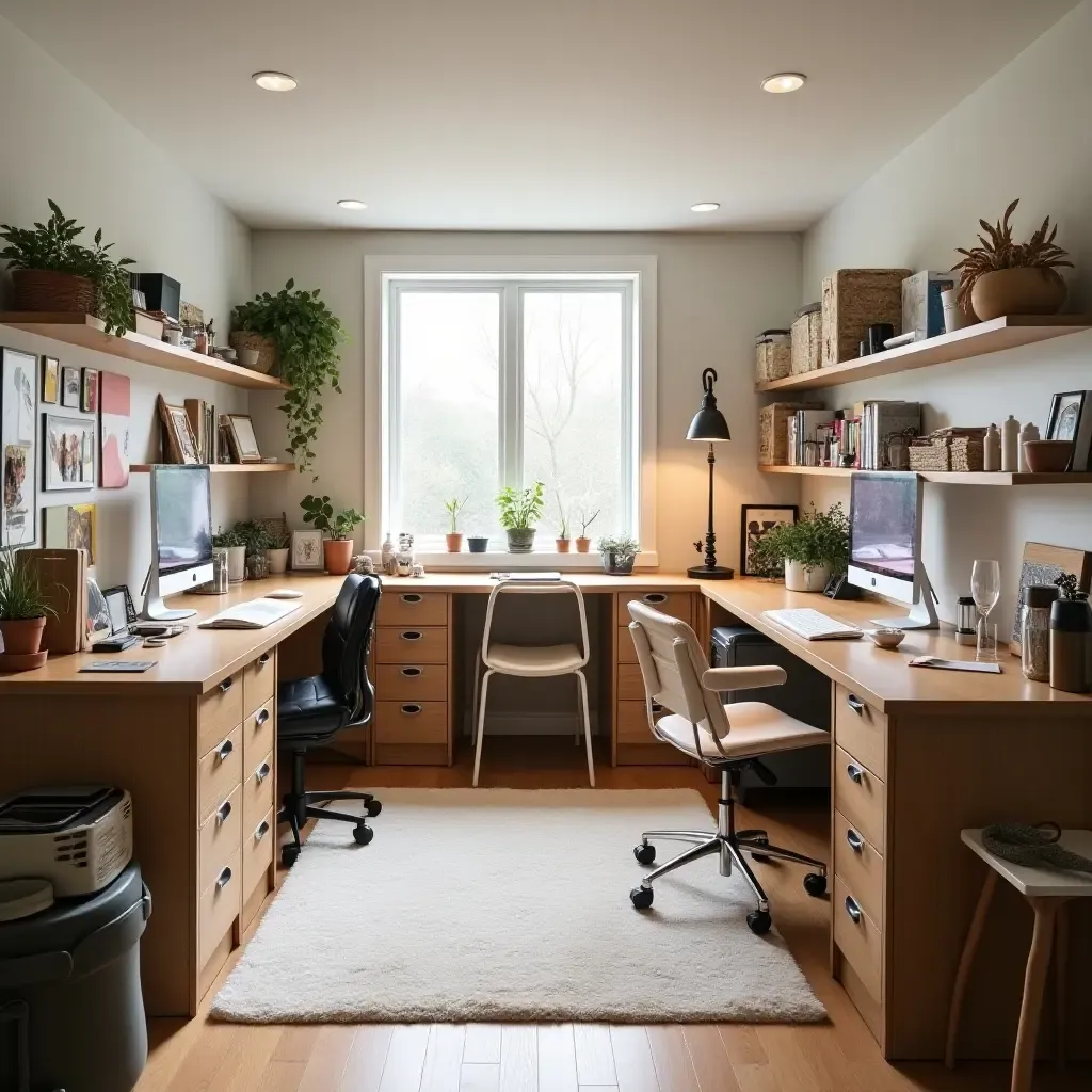 a photo of a bright basement craft room with organized supplies and creative decor