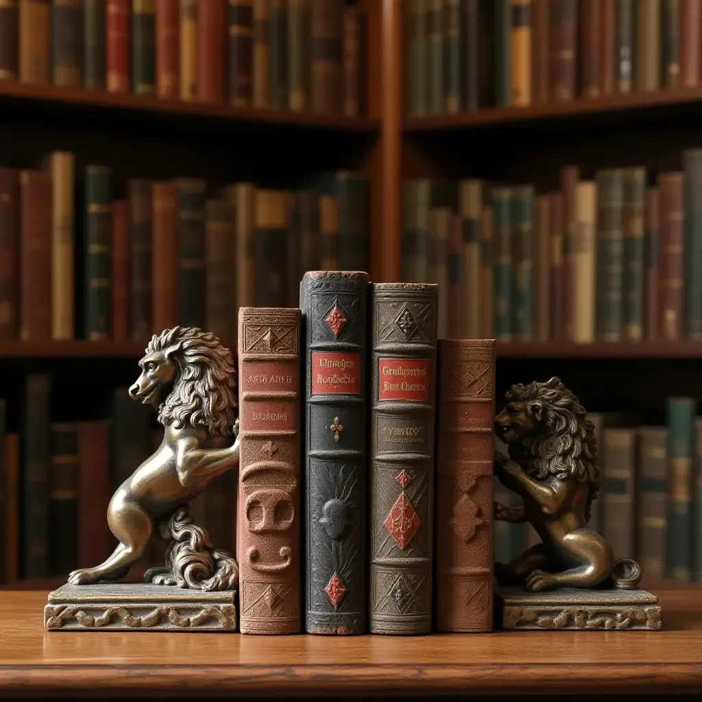 a photo of a library filled with antique bookends and decorative book covers