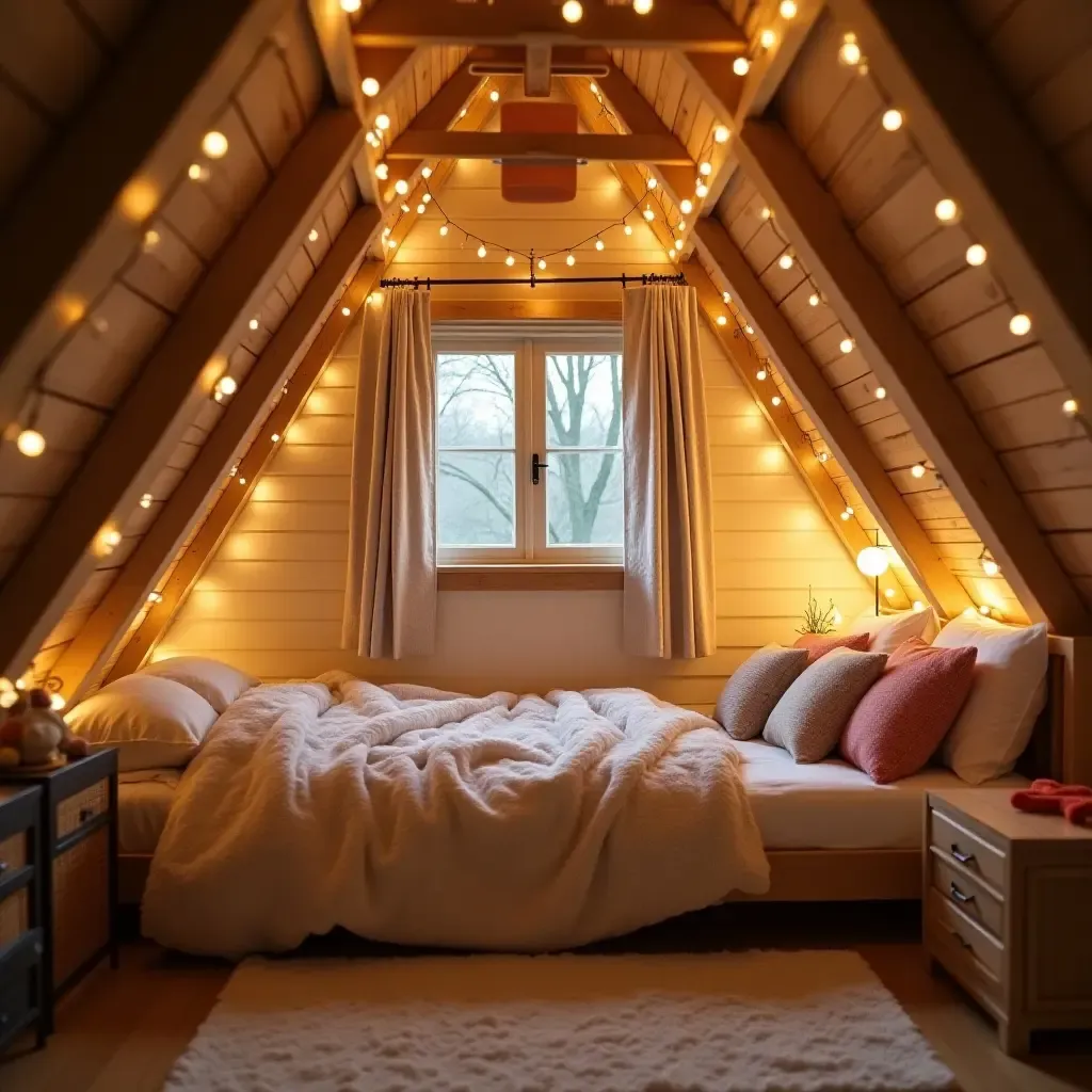 a photo of a cozy kids&#x27; bedroom with wooden beams and fairy lights