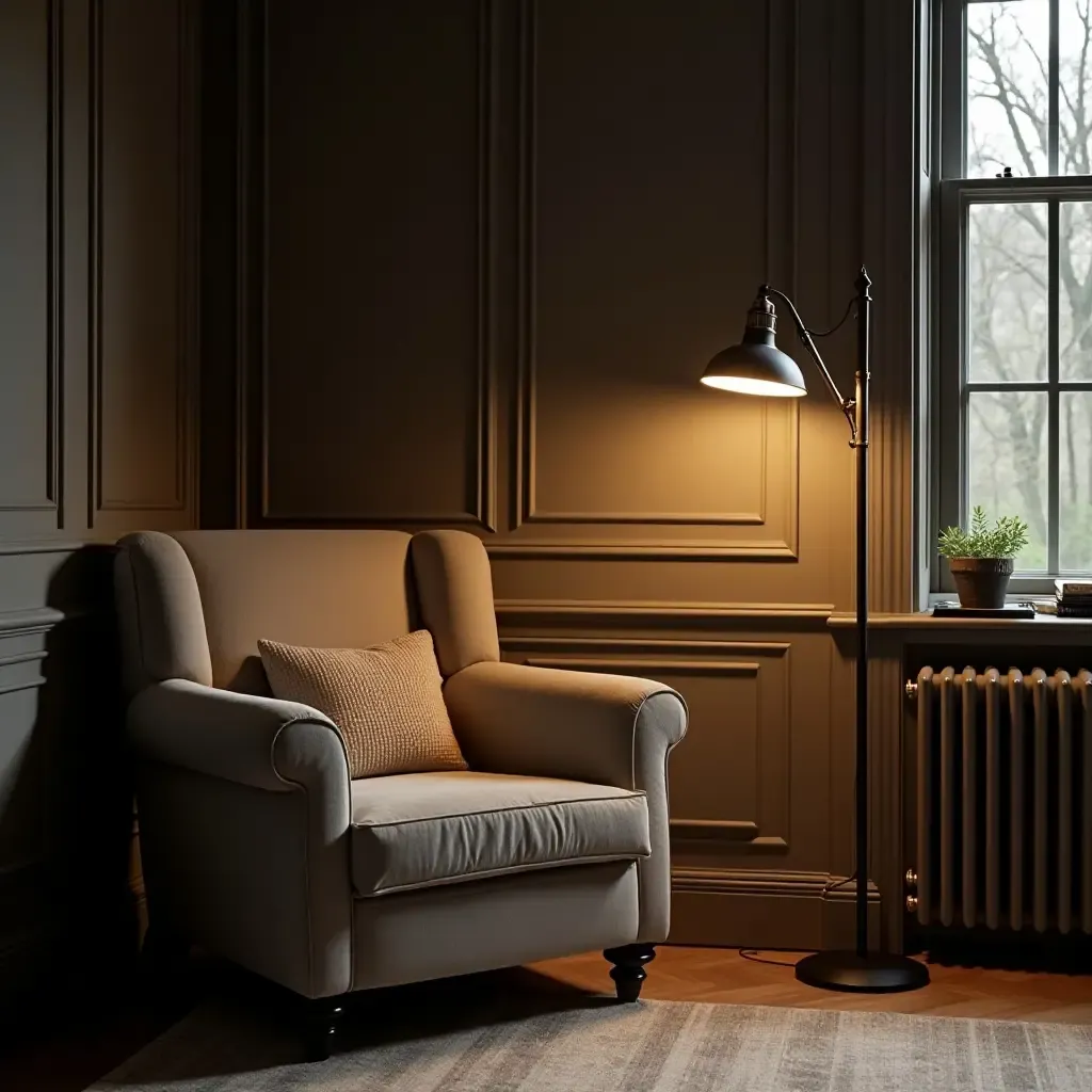 a photo of a masculine reading nook with a plush armchair and floor lamp