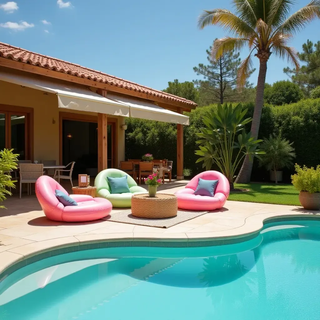 a photo of a playful lounge area by the pool with inflatable furniture