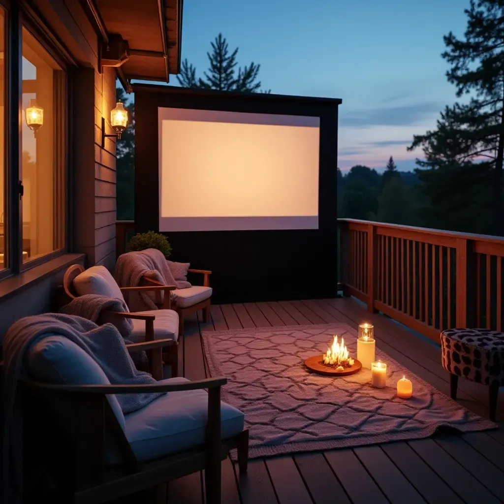 a photo of a balcony with an outdoor movie setup and cozy blankets