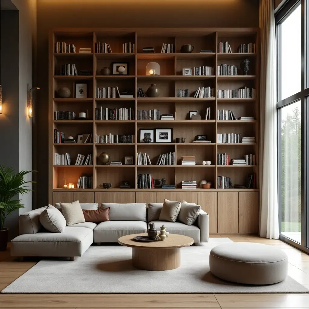 a photo of a chic library with modular shelving for flexibility