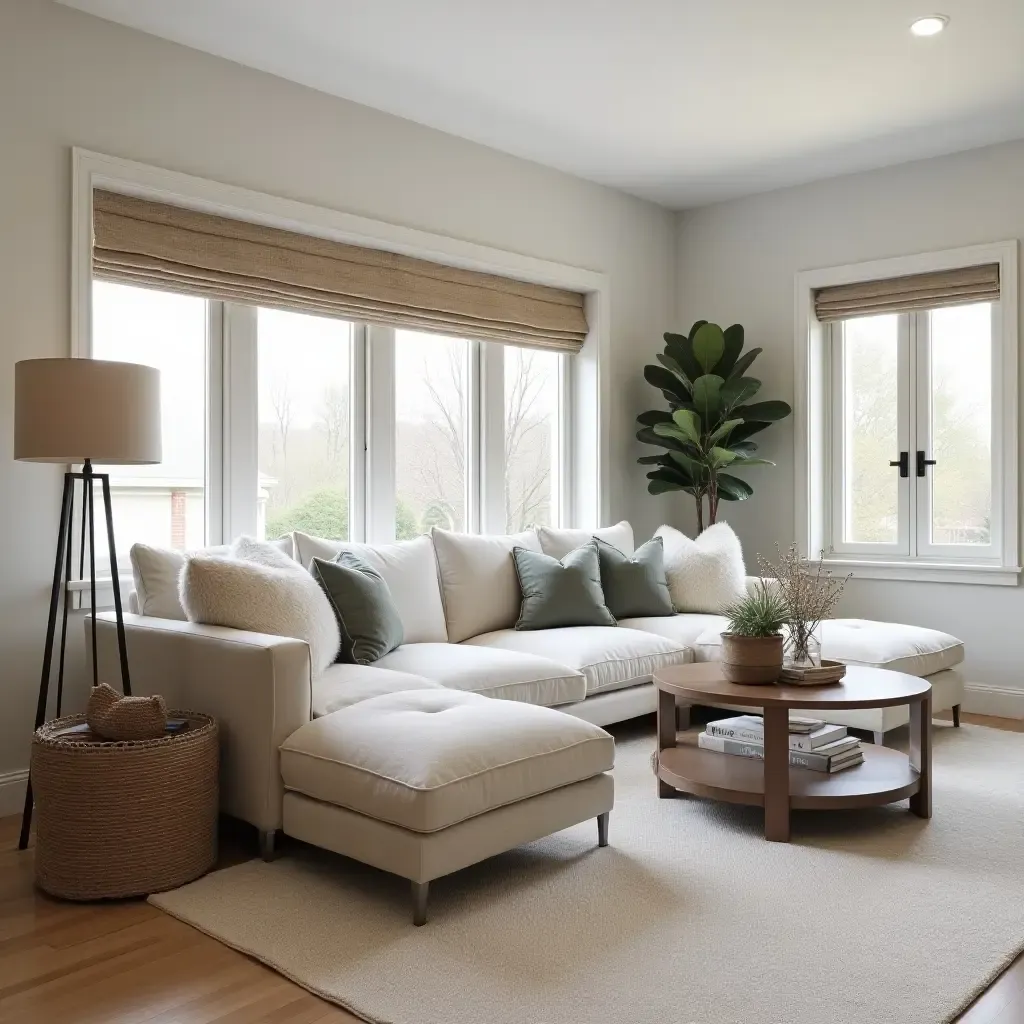 a photo of a stylish basement lounge with farmhouse decor and soft textiles