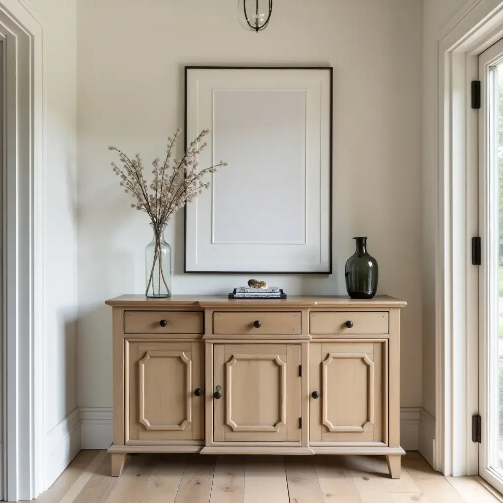 a photo of a vintage wooden console table in a stylish entrance hall