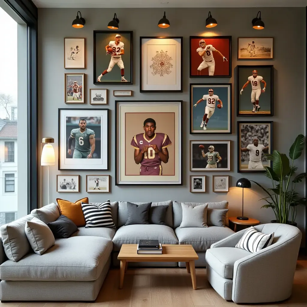 a photo of a gallery wall showcasing a mix of framed sports memorabilia