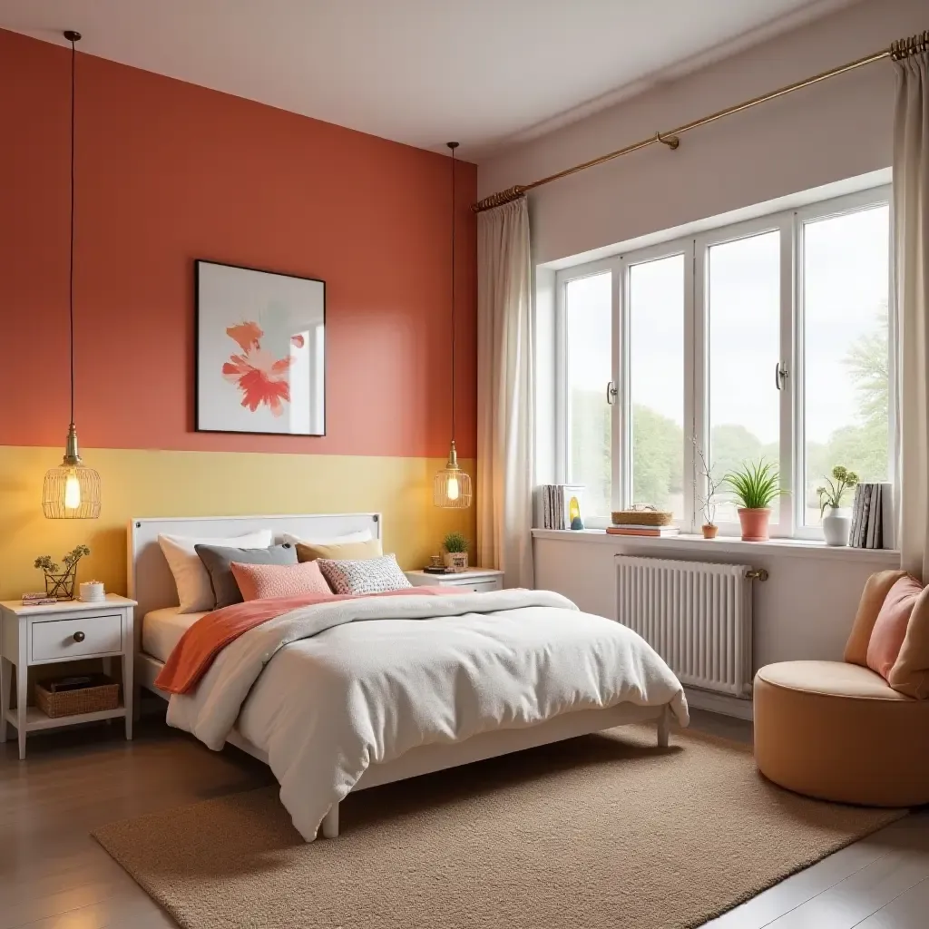 a photo of a fashionable teen bedroom featuring a mix of bright and neutral colors