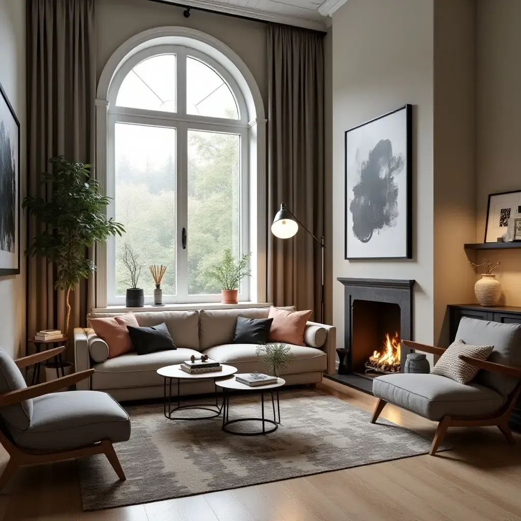 a photo of a cozy reading nook in a living room with industrial decor elements