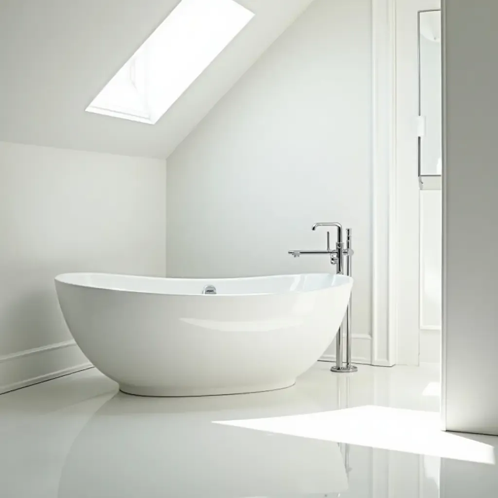 a photo of a freestanding tub in a bright, airy bathroom with skylights