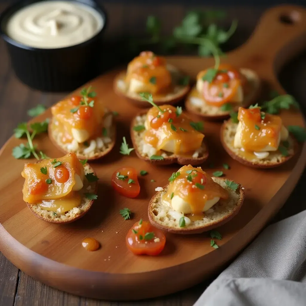 a photo of a wooden serving board with appetizers