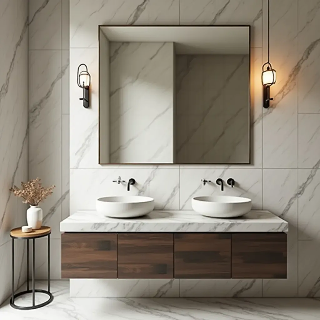 a photo of a chic bathroom featuring a vessel sink and stylish fixtures