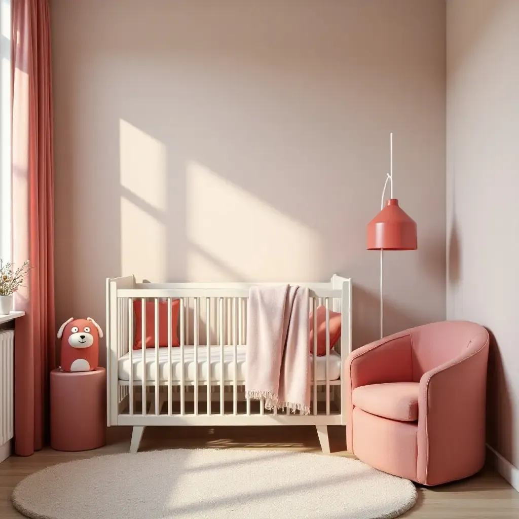 a photo of a nursery decorated in warm reds and soft whites