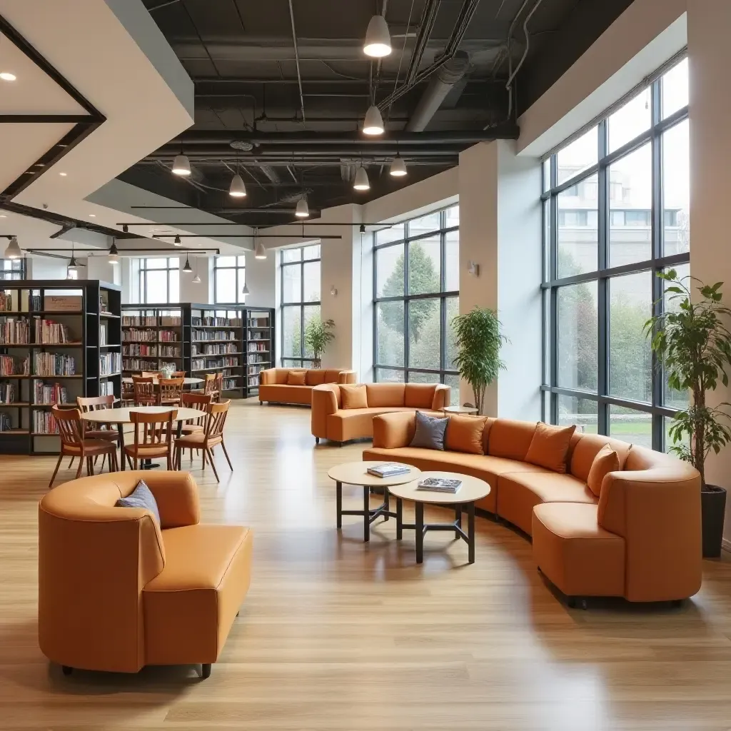 a photo of a modern library layout with modular furniture for flexible space usage