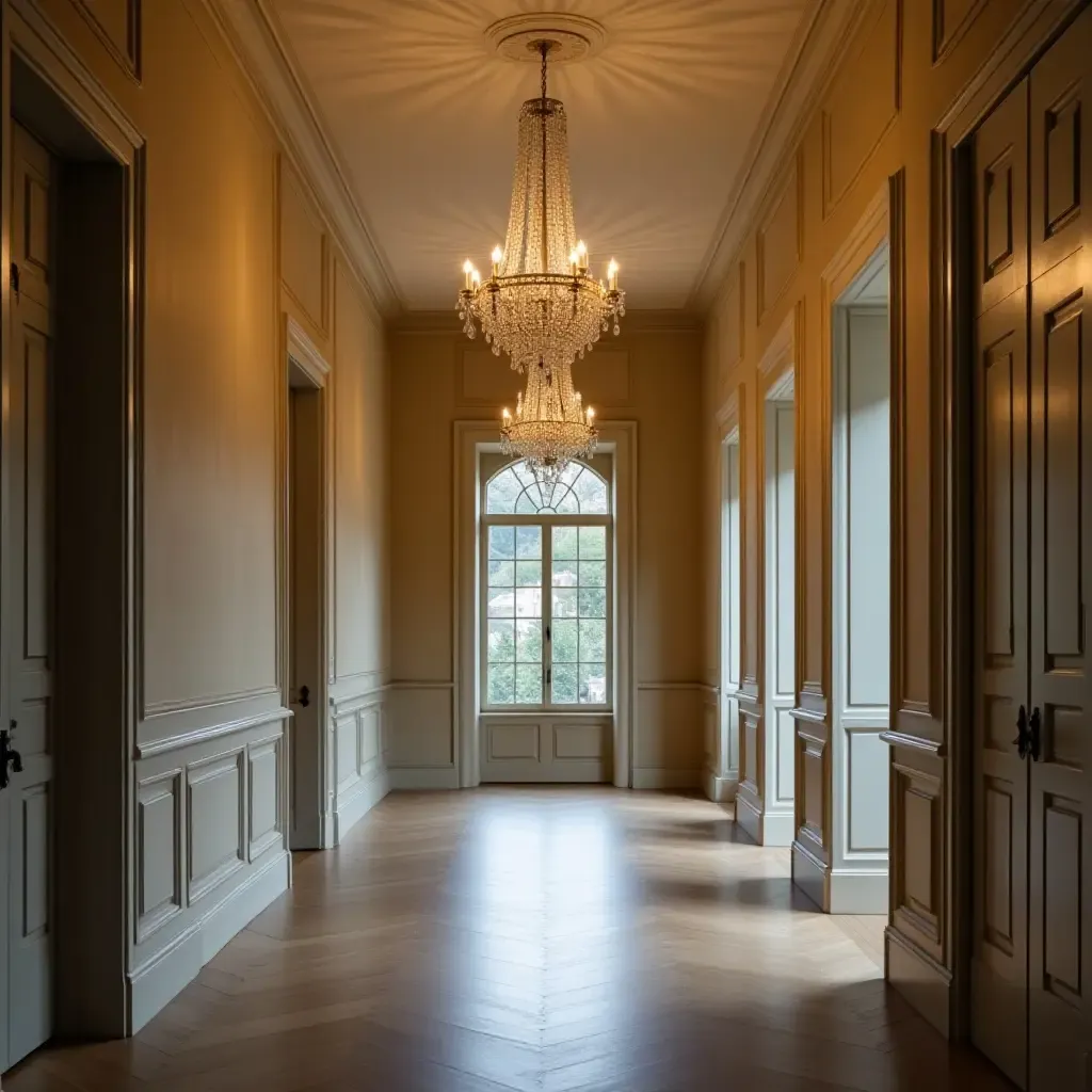 a photo of an elegant chandelier hanging in a vintage-inspired hallway